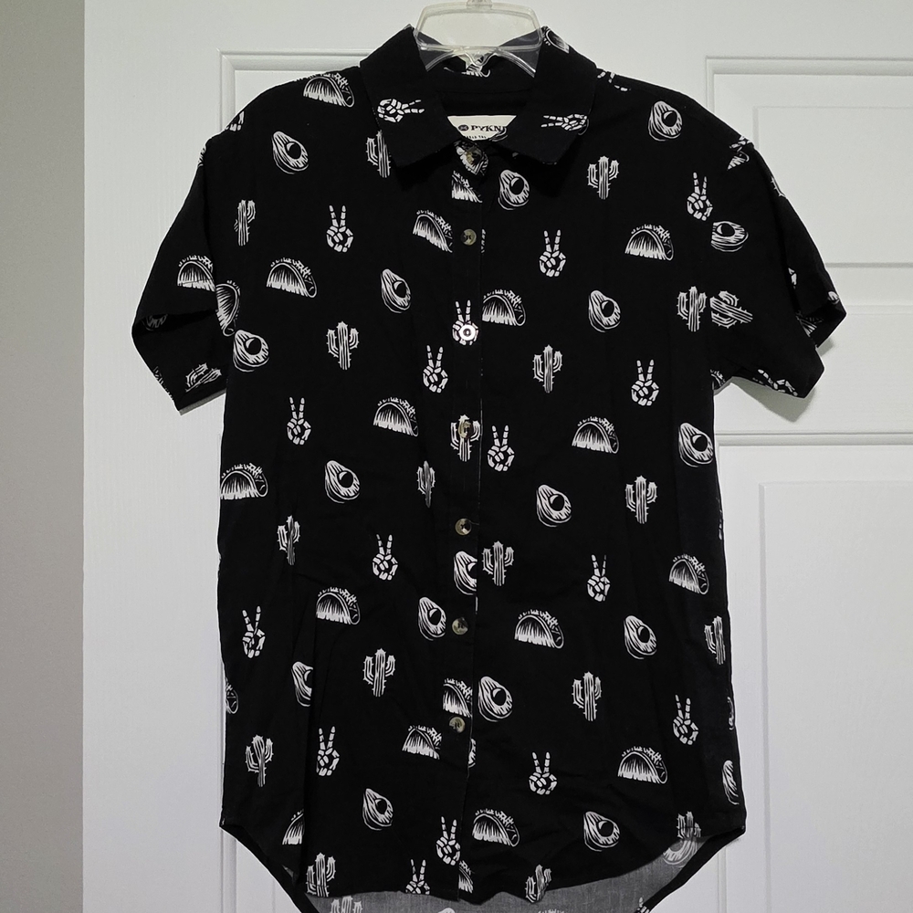 Pyknic Print Black Men's Button Up Shprt Leave Shirt
